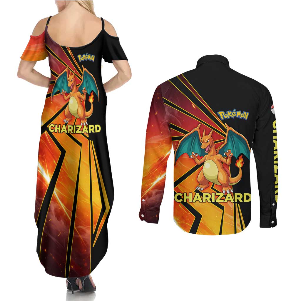 Charizard Poké Couples Matching Summer Maxi Dress and Long Sleeve Button Shirt Retro Comic Style Explosion
