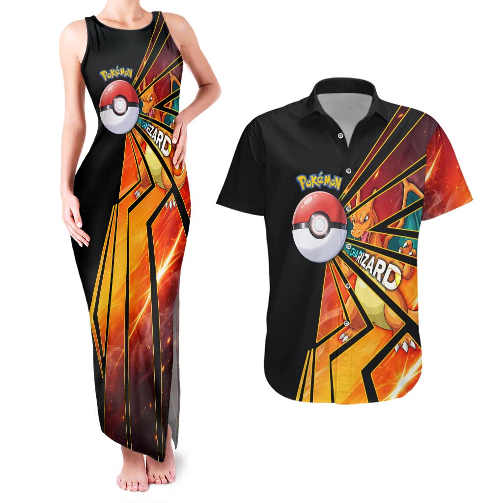 Charizard Poké Couples Matching Tank Maxi Dress and Hawaiian Shirt Retro Comic Style Explosion