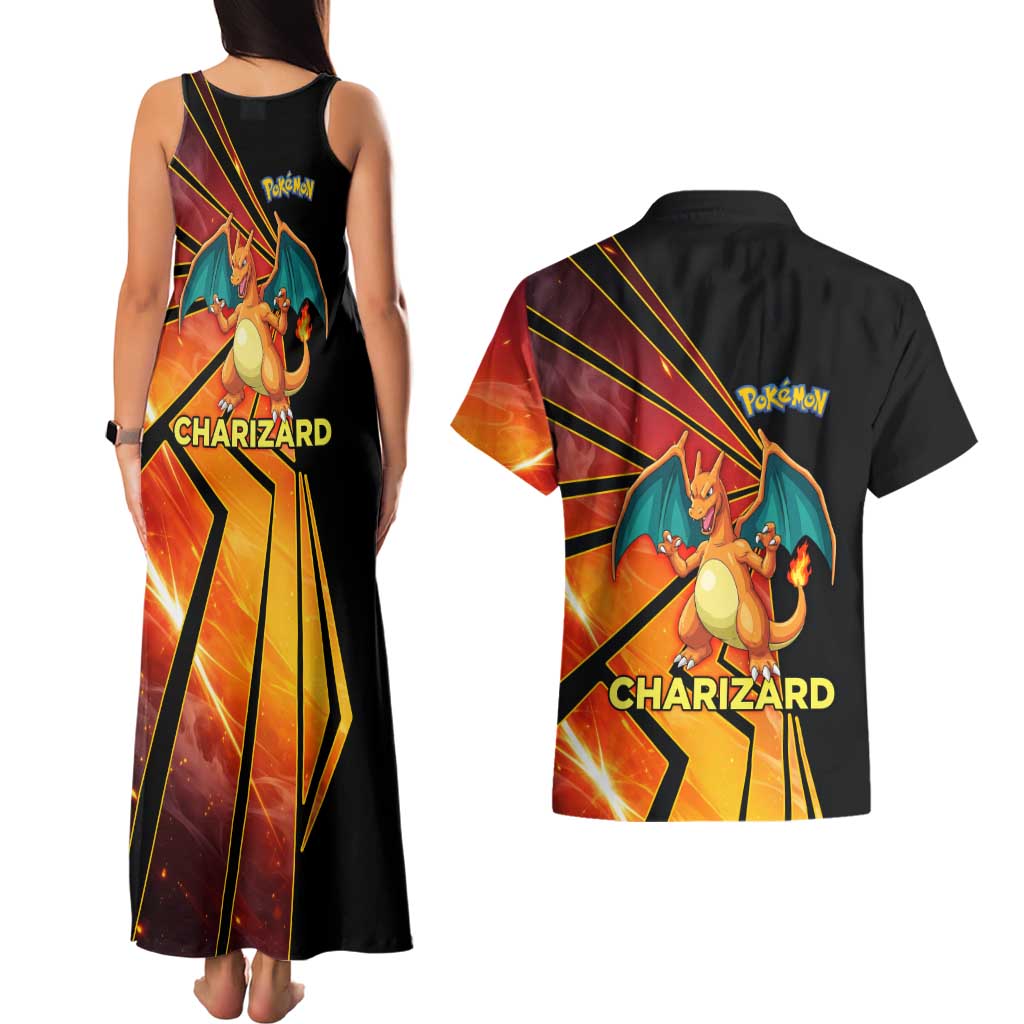 Charizard Poké Couples Matching Tank Maxi Dress and Hawaiian Shirt Retro Comic Style Explosion