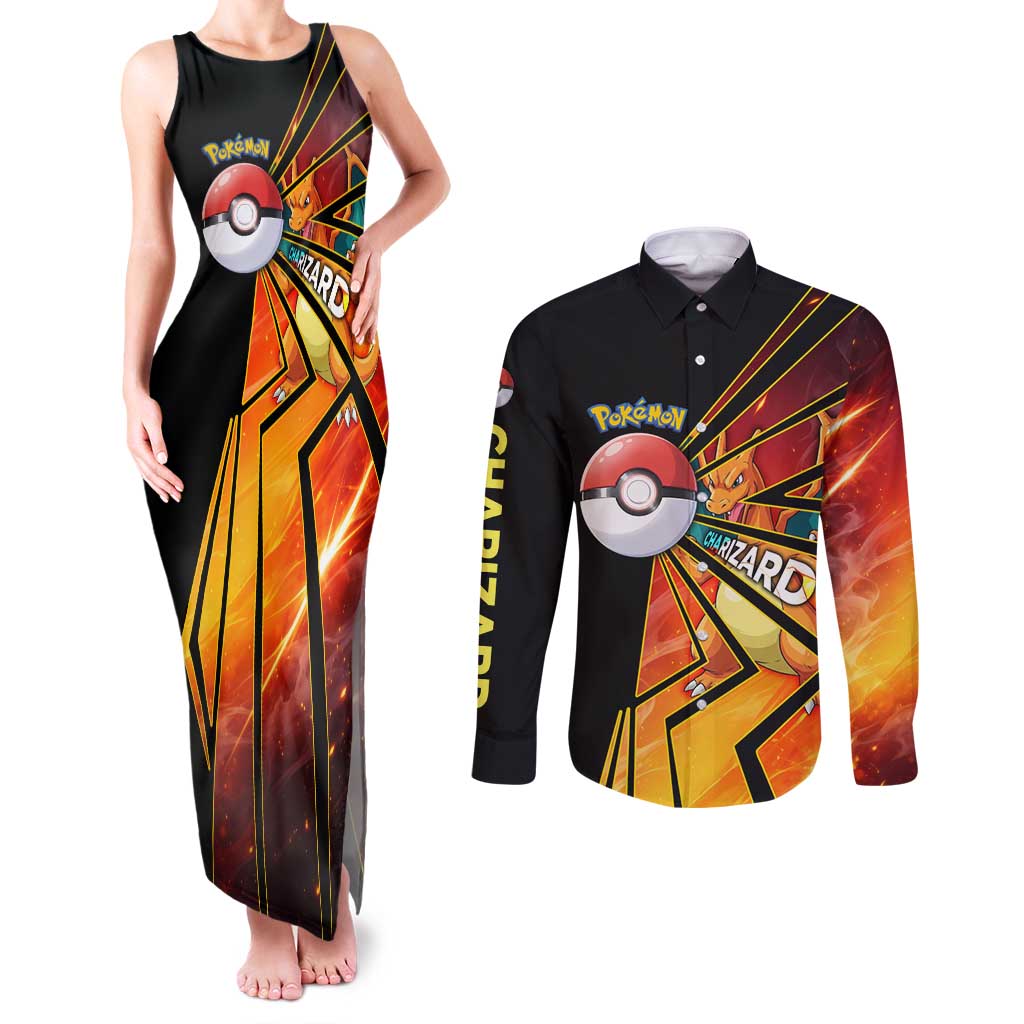 Charizard Poké Couples Matching Tank Maxi Dress and Long Sleeve Button Shirt Retro Comic Style Explosion