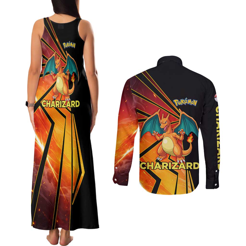 Charizard Poké Couples Matching Tank Maxi Dress and Long Sleeve Button Shirt Retro Comic Style Explosion