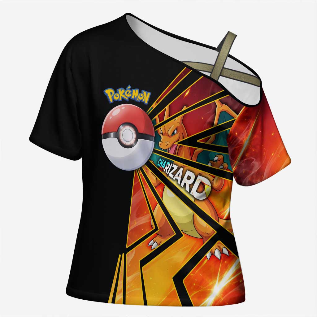 Charizard Poké Cross Shoulder Shirt Retro Comic Style Explosion