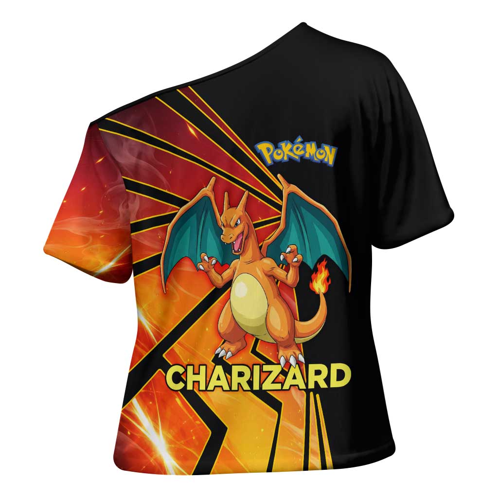 Charizard Poké Cross Shoulder Shirt Retro Comic Style Explosion