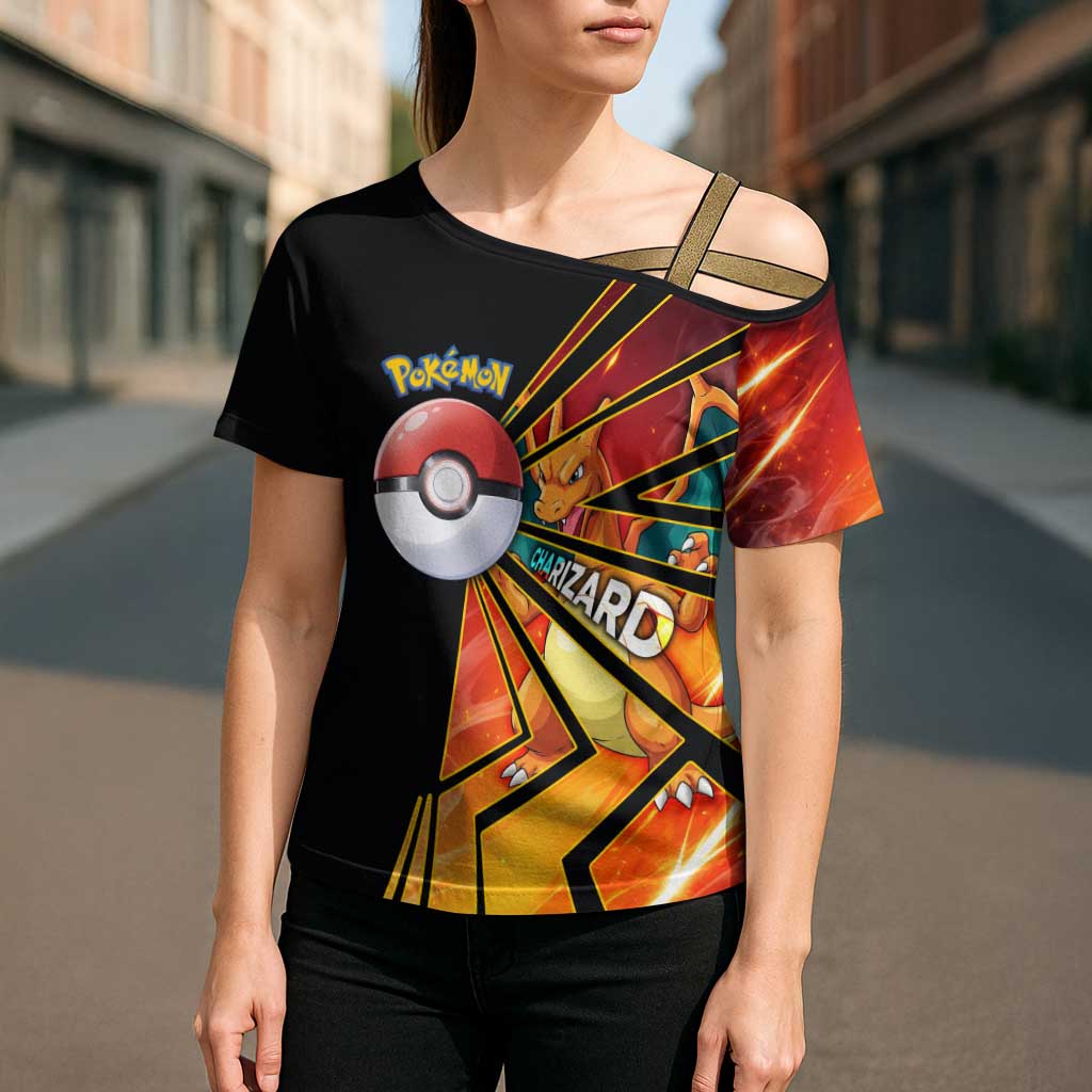 Charizard Poké Cross Shoulder Shirt Retro Comic Style Explosion