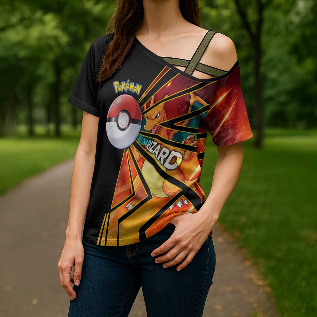 Charizard Poké Cross Shoulder Shirt Retro Comic Style Explosion