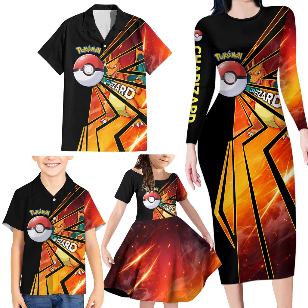 Charizard Poké Family Matching Long Sleeve Bodycon Dress and Hawaiian Shirt Retro Comic Style Explosion