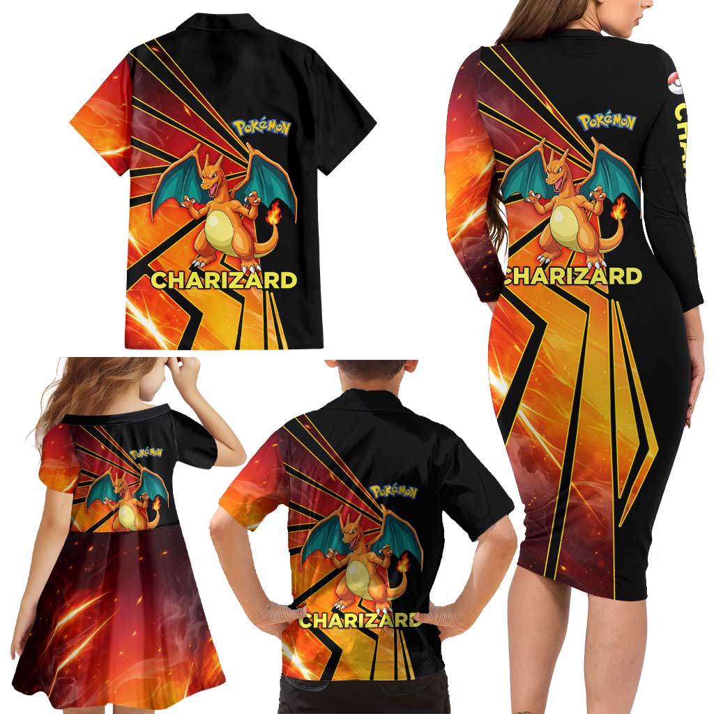 Charizard Poké Family Matching Long Sleeve Bodycon Dress and Hawaiian Shirt Retro Comic Style Explosion