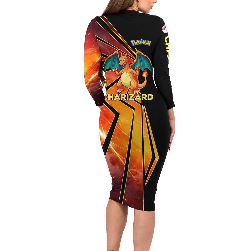 Charizard Poké Family Matching Long Sleeve Bodycon Dress and Hawaiian Shirt Retro Comic Style Explosion