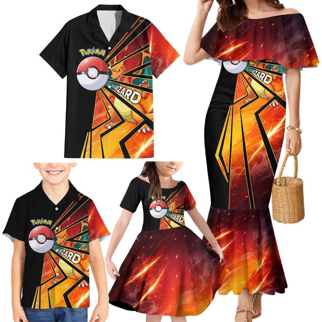 Charizard Poké Family Matching Mermaid Dress and Hawaiian Shirt Retro Comic Style Explosion