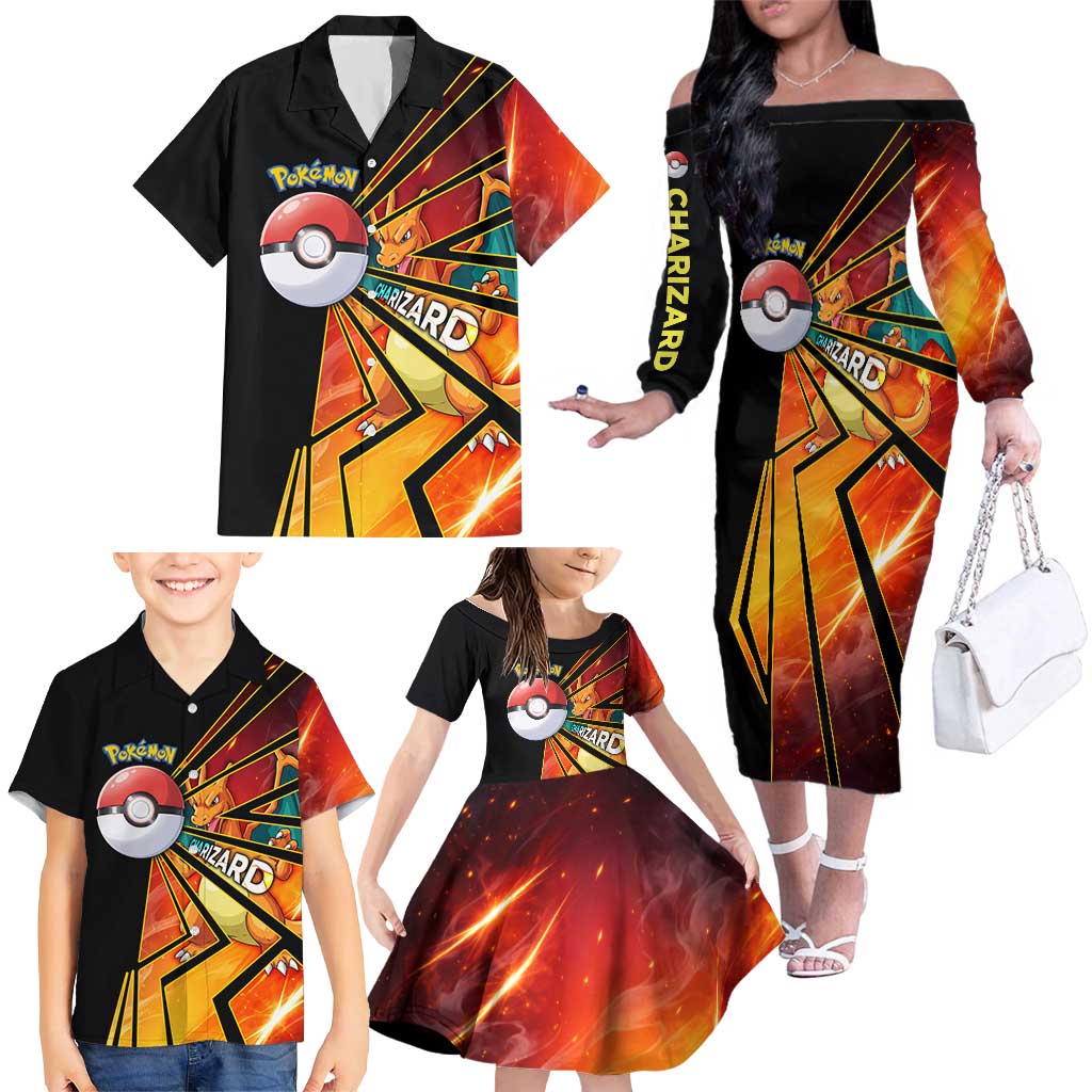 Charizard Poké Family Matching Off The Shoulder Long Sleeve Dress and Hawaiian Shirt Retro Comic Style Explosion