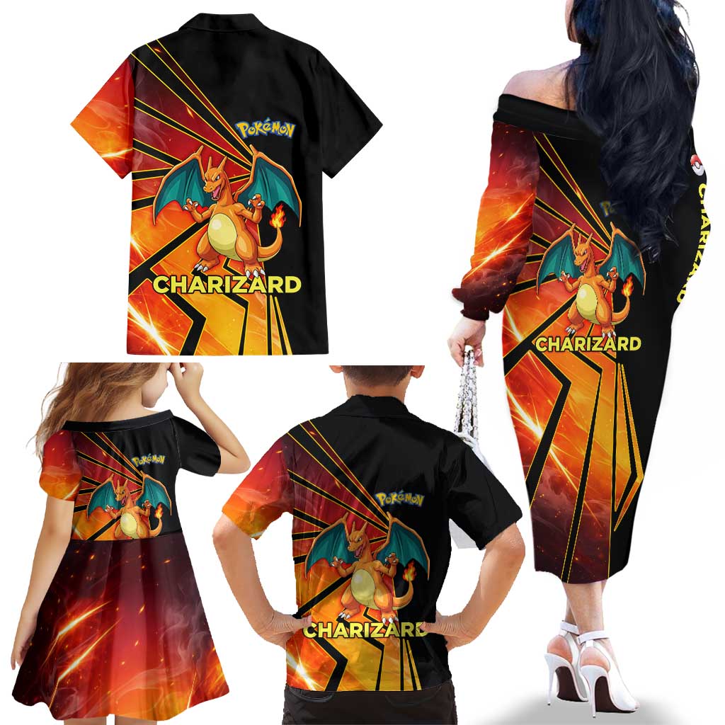 Charizard Poké Family Matching Off The Shoulder Long Sleeve Dress and Hawaiian Shirt Retro Comic Style Explosion