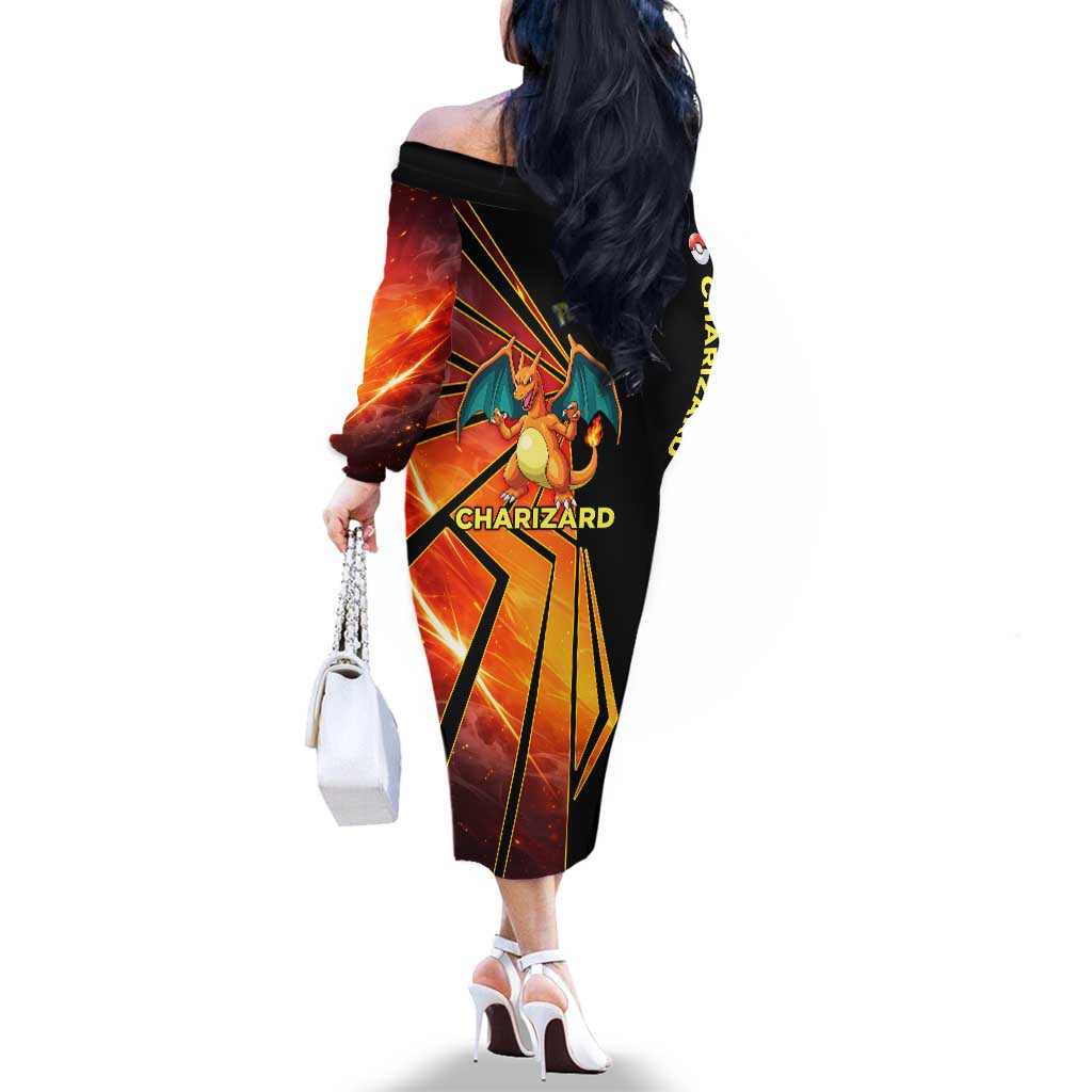 Charizard Poké Family Matching Off The Shoulder Long Sleeve Dress and Hawaiian Shirt Retro Comic Style Explosion