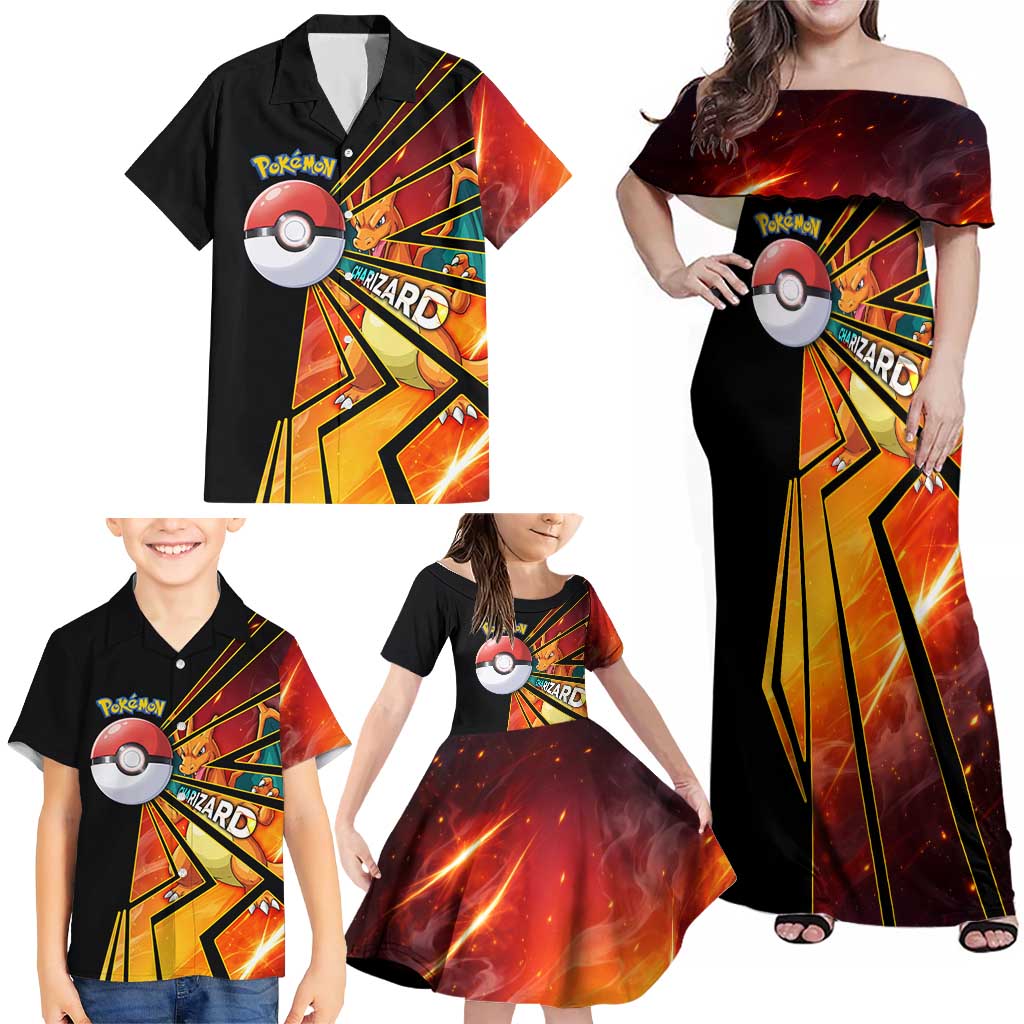 Charizard Poké Family Matching Off Shoulder Maxi Dress and Hawaiian Shirt Retro Comic Style Explosion