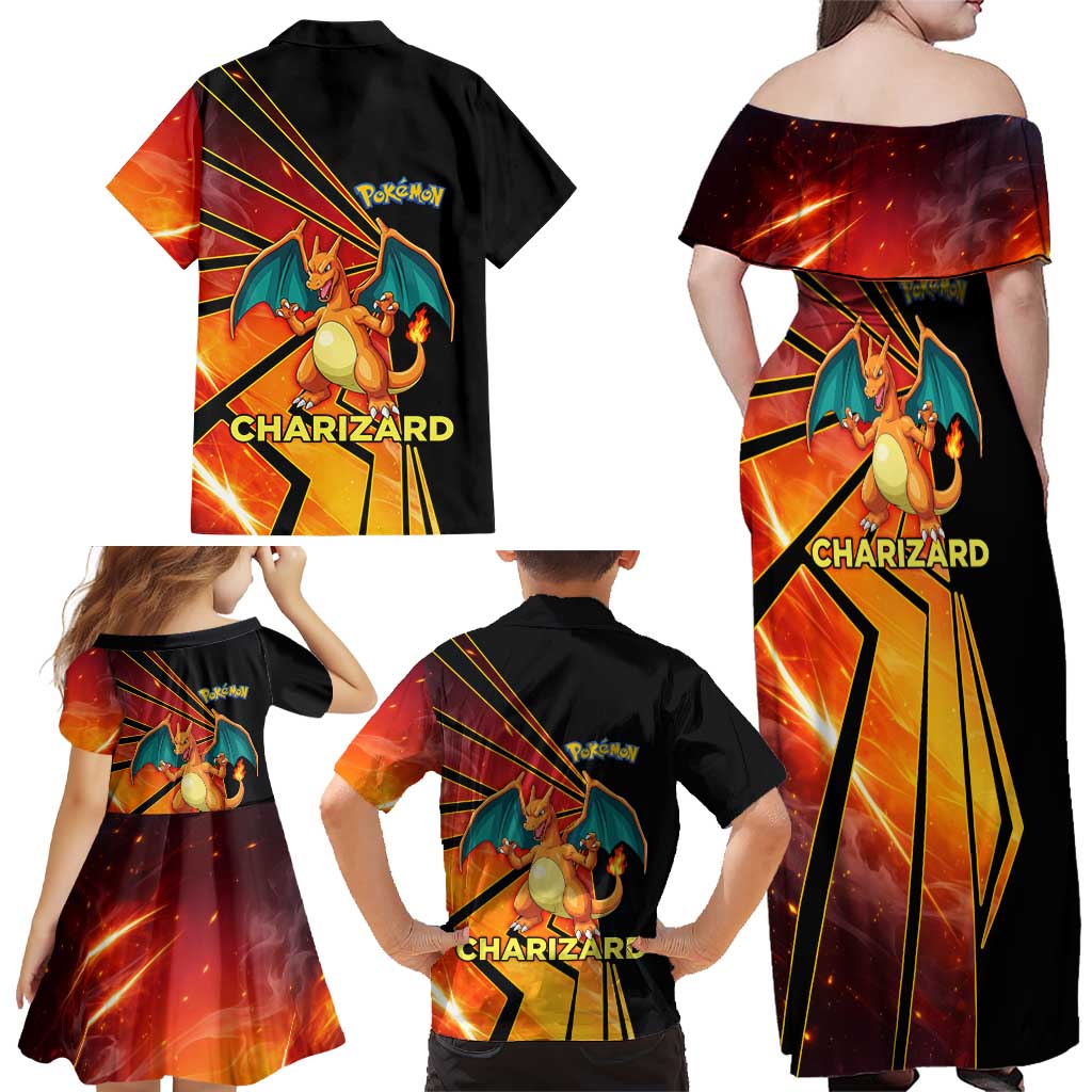 Charizard Poké Family Matching Off Shoulder Maxi Dress and Hawaiian Shirt Retro Comic Style Explosion