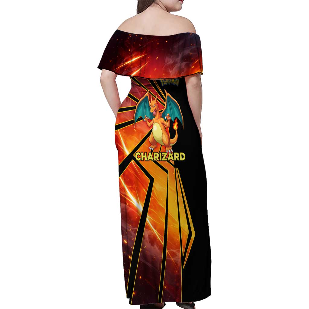Charizard Poké Family Matching Off Shoulder Maxi Dress and Hawaiian Shirt Retro Comic Style Explosion
