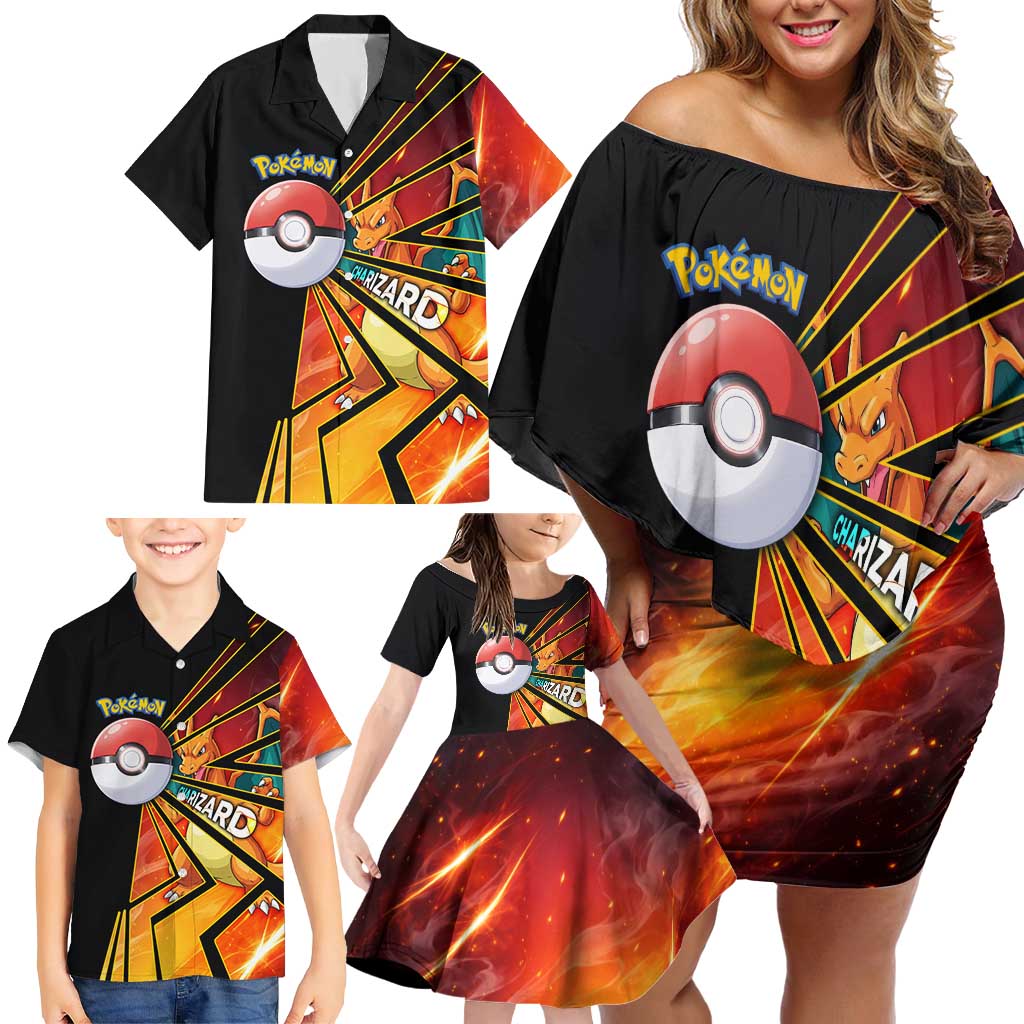 Charizard Poké Family Matching Off Shoulder Short Dress and Hawaiian Shirt Retro Comic Style Explosion