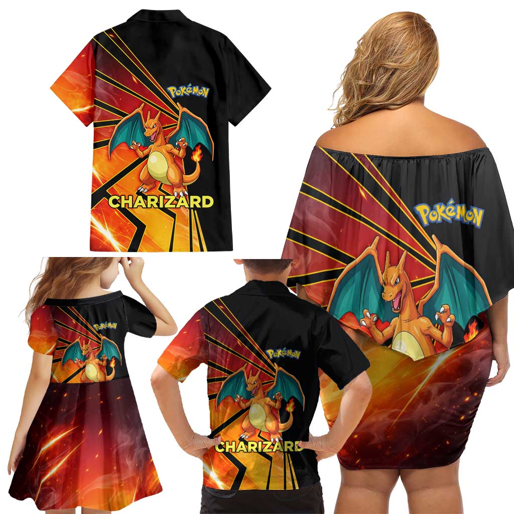 Charizard Poké Family Matching Off Shoulder Short Dress and Hawaiian Shirt Retro Comic Style Explosion