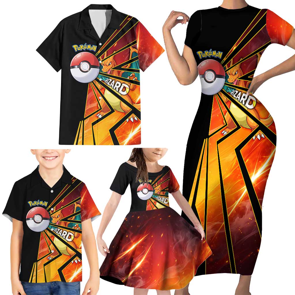 Charizard Poké Family Matching Short Sleeve Bodycon Dress and Hawaiian Shirt Retro Comic Style Explosion