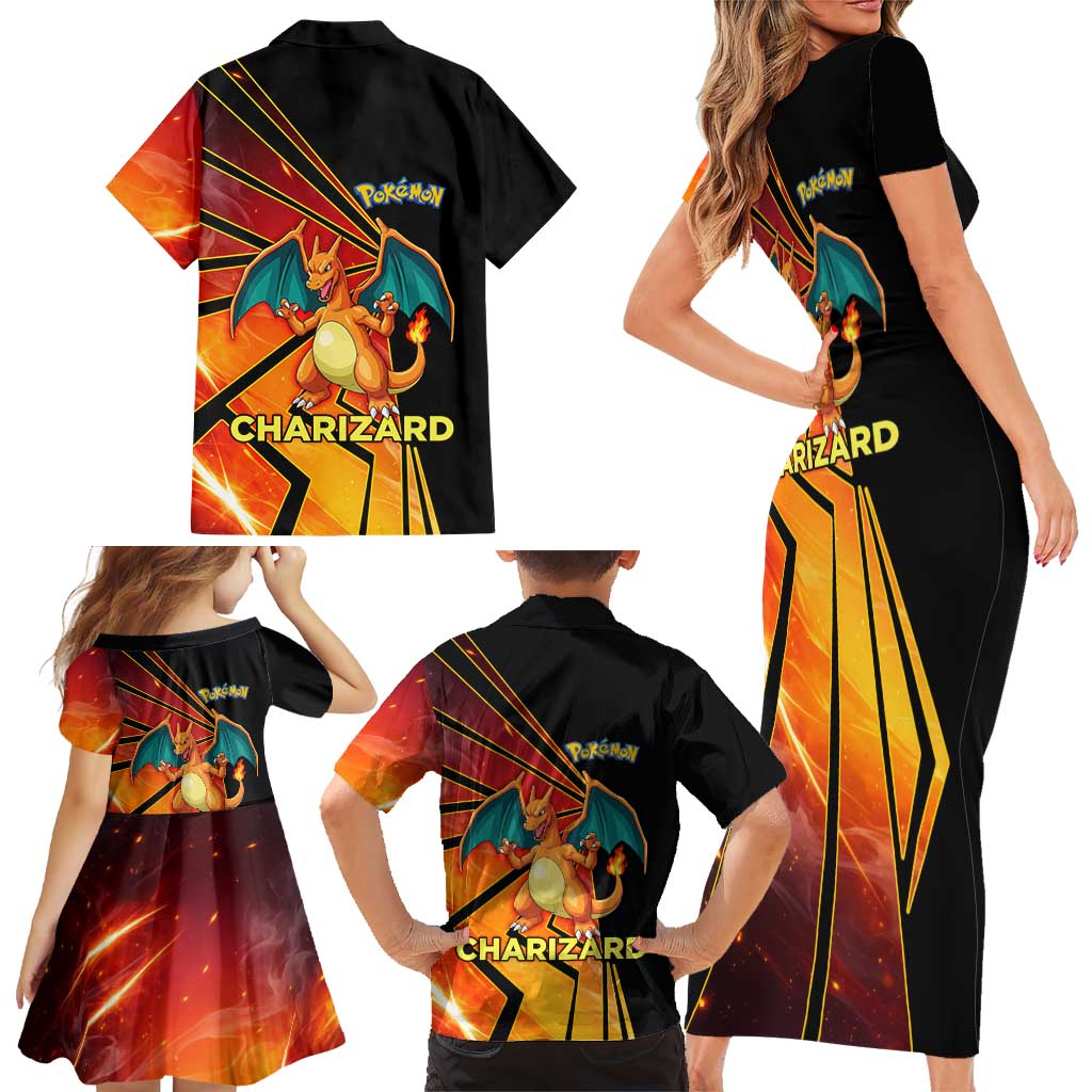 Charizard Poké Family Matching Short Sleeve Bodycon Dress and Hawaiian Shirt Retro Comic Style Explosion