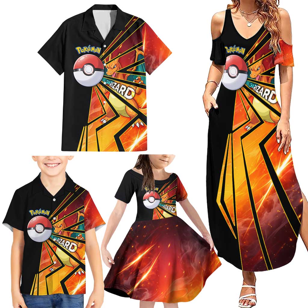 Charizard Poké Family Matching Summer Maxi Dress and Hawaiian Shirt Retro Comic Style Explosion
