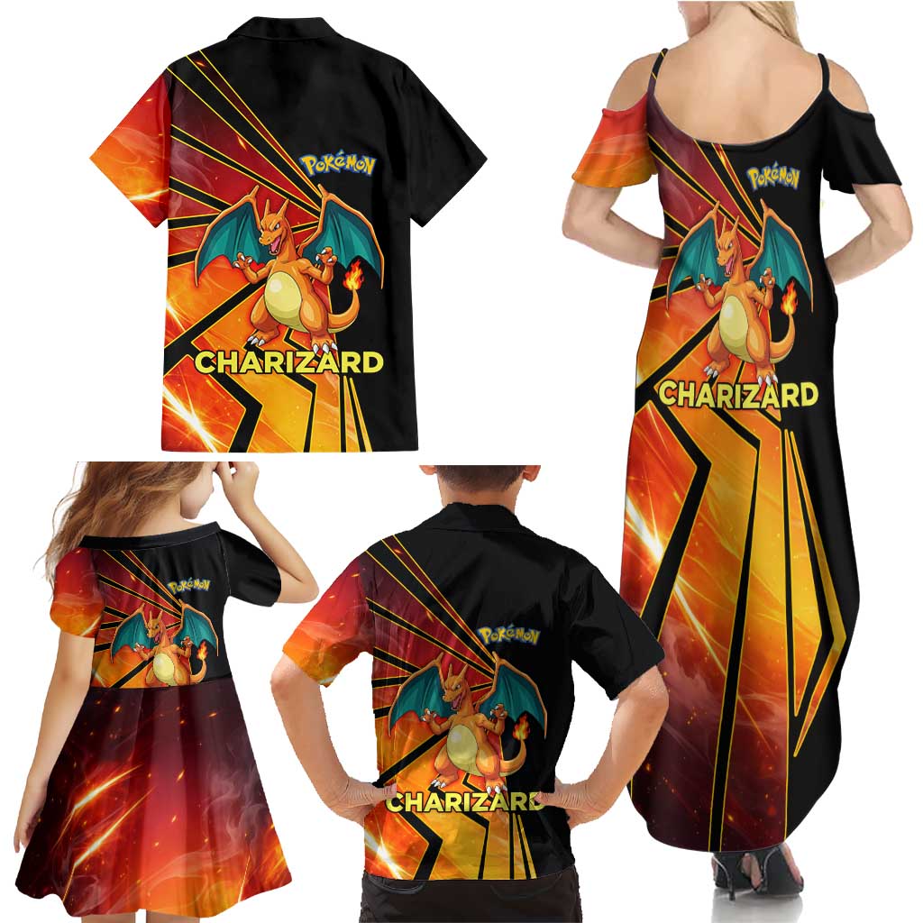 Charizard Poké Family Matching Summer Maxi Dress and Hawaiian Shirt Retro Comic Style Explosion