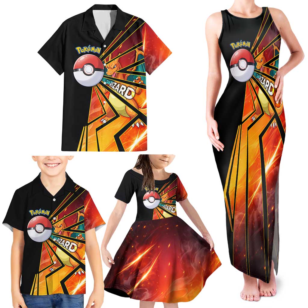 Charizard Poké Family Matching Tank Maxi Dress and Hawaiian Shirt Retro Comic Style Explosion