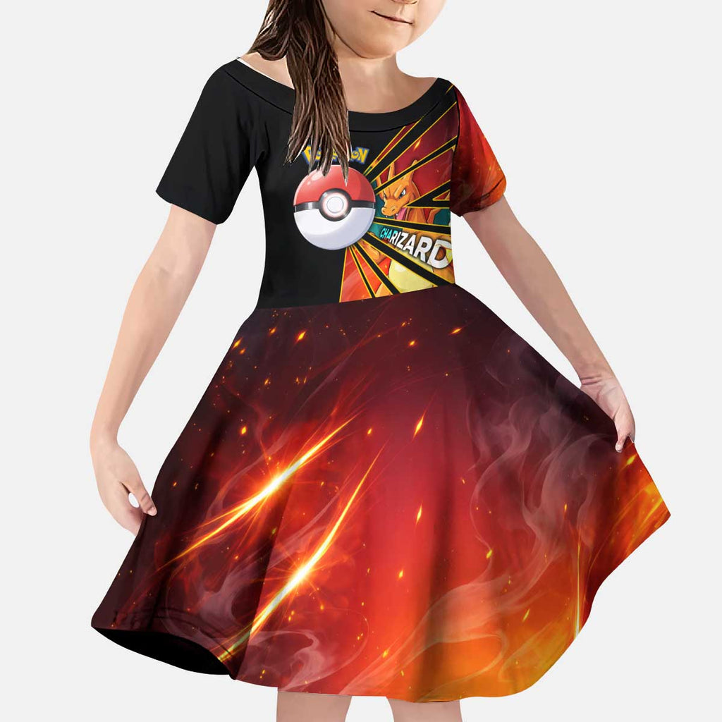 Charizard Poké Kid Short Sleeve Dress Retro Comic Style Explosion