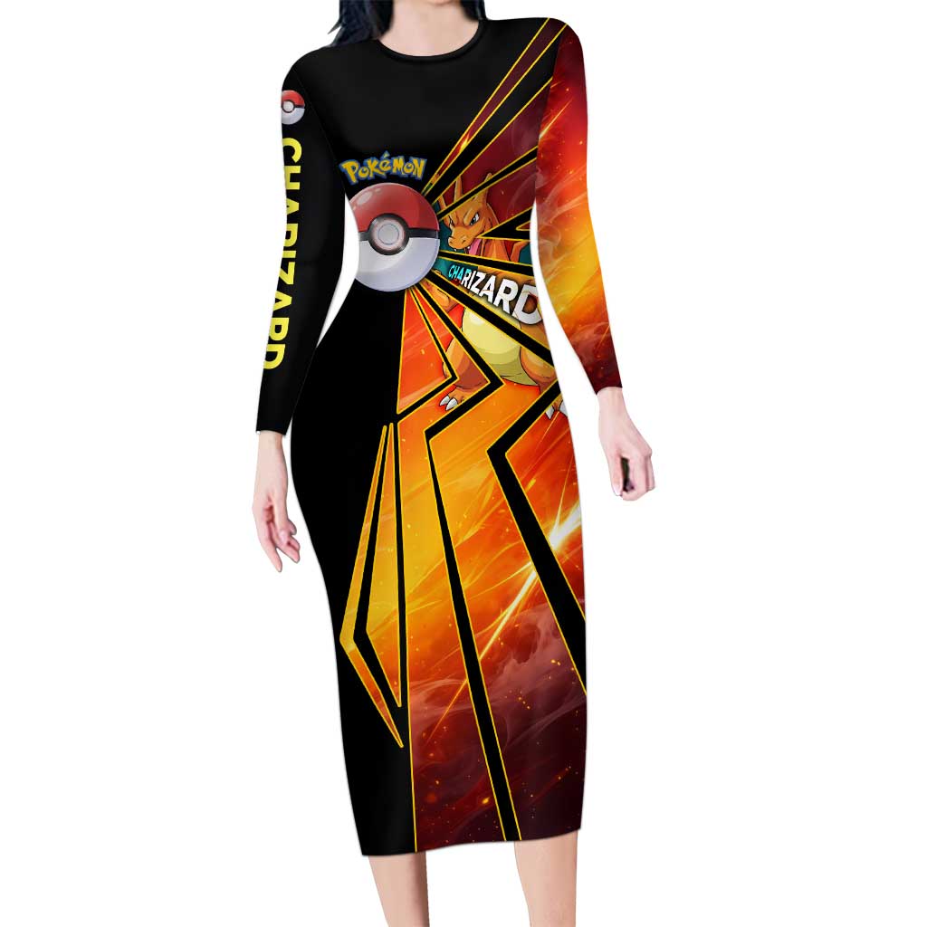 Charizard Poké Long Sleeve Bodycon Dress Retro Comic Style Explosion