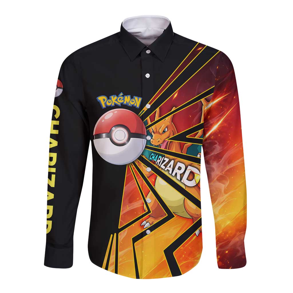 Charizard Poké Long Sleeve Button Shirt Retro Comic Style Explosion