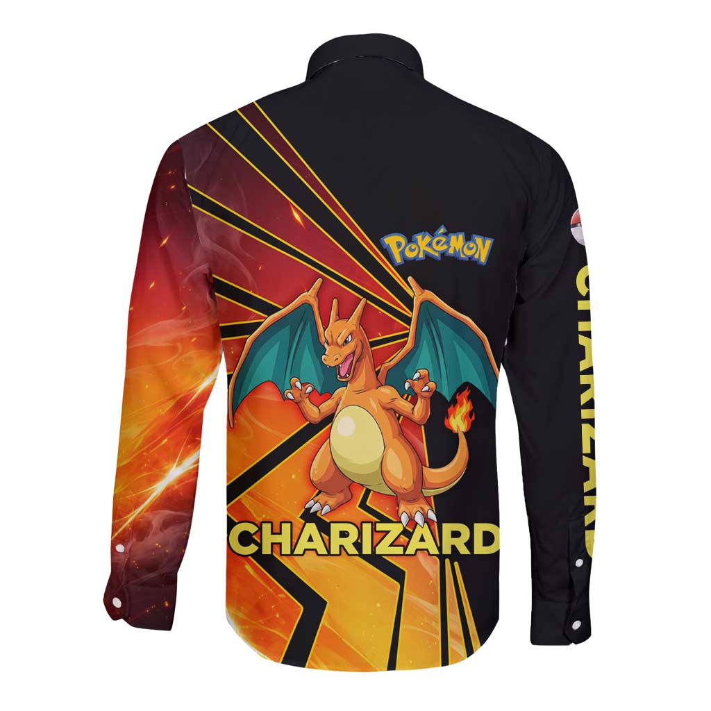 Charizard Poké Long Sleeve Button Shirt Retro Comic Style Explosion