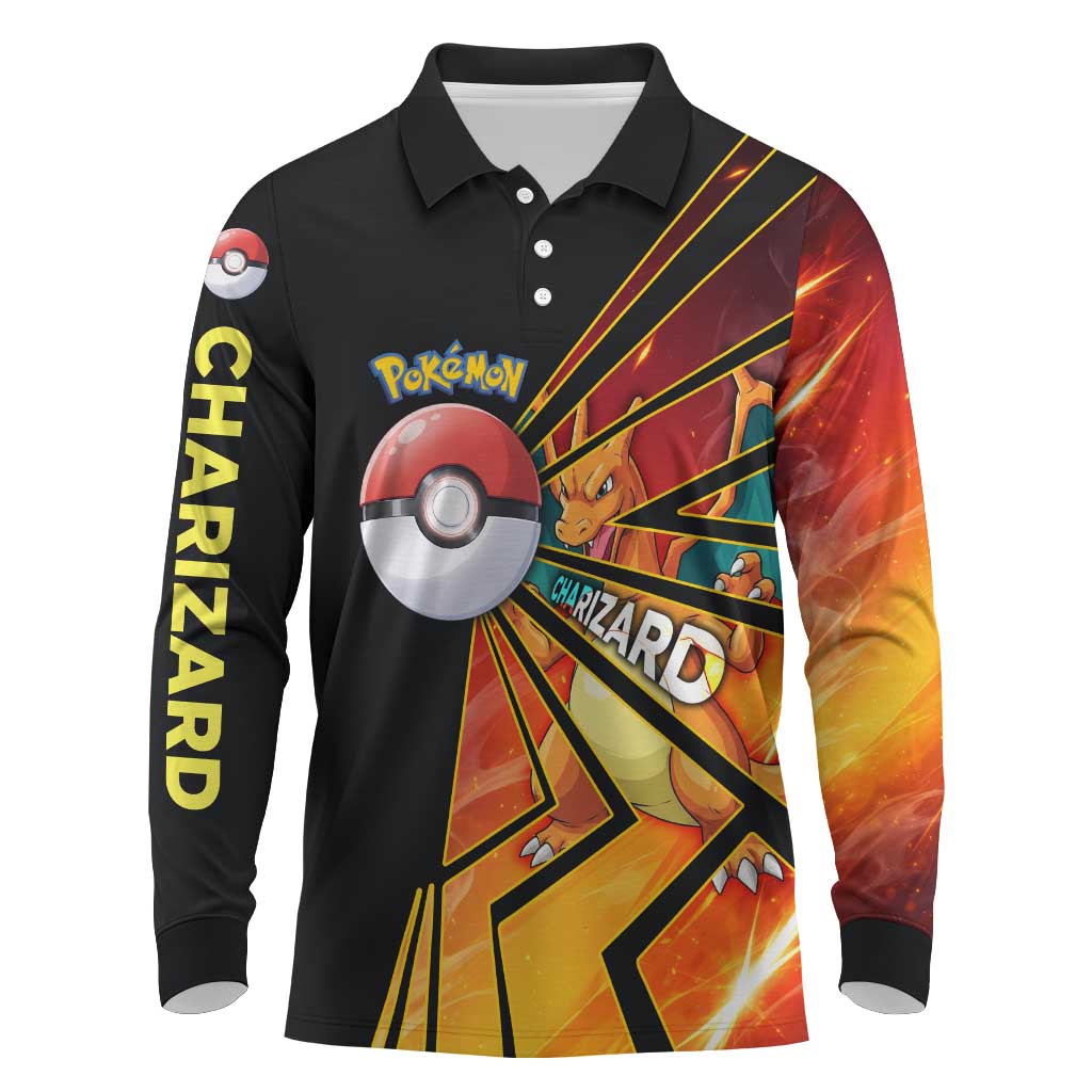 Charizard Poké Long Sleeve Polo Shirt Retro Comic Style Explosion