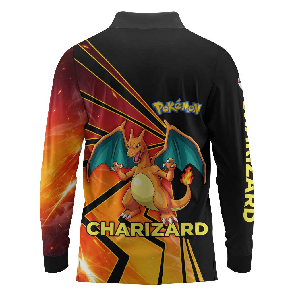 Charizard Poké Long Sleeve Polo Shirt Retro Comic Style Explosion
