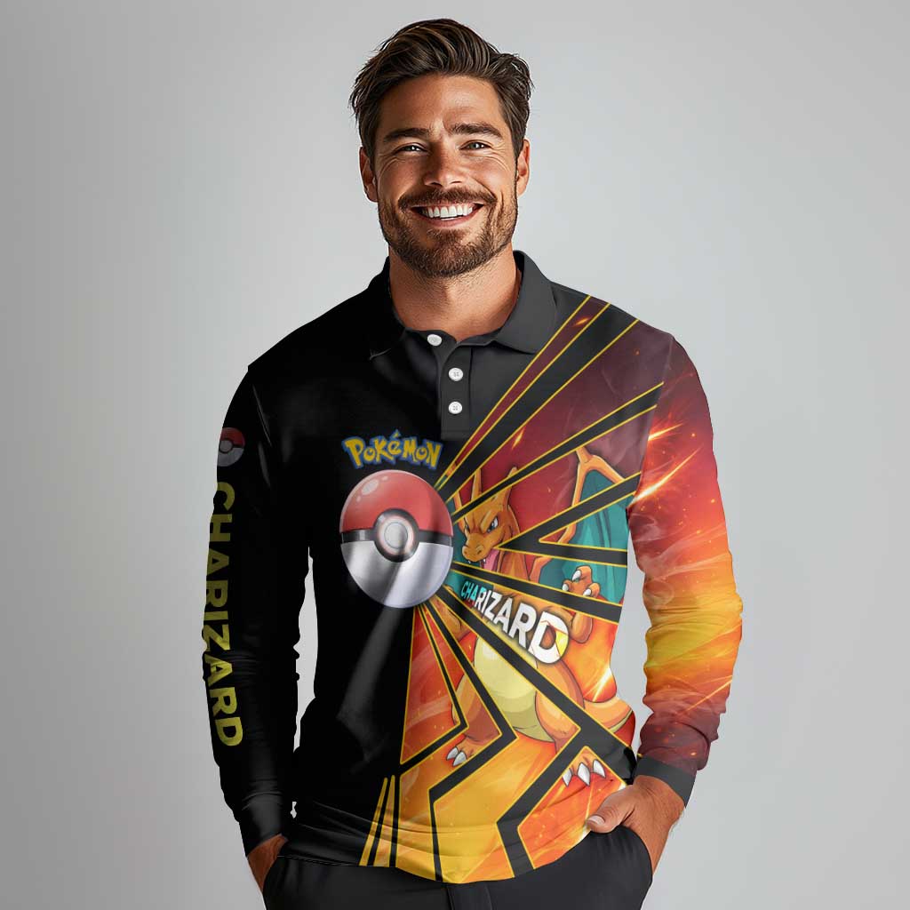 Charizard Poké Long Sleeve Polo Shirt Retro Comic Style Explosion