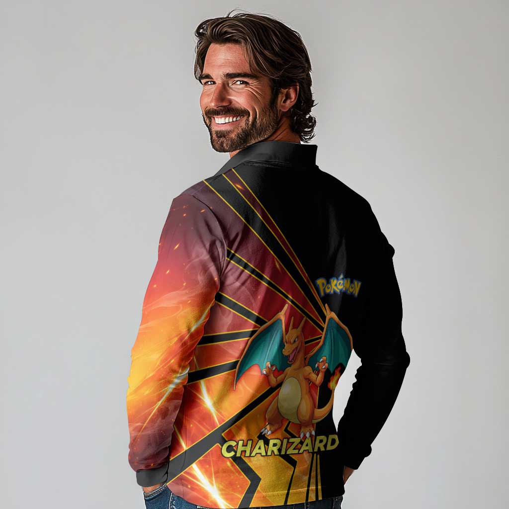 Charizard Poké Long Sleeve Polo Shirt Retro Comic Style Explosion