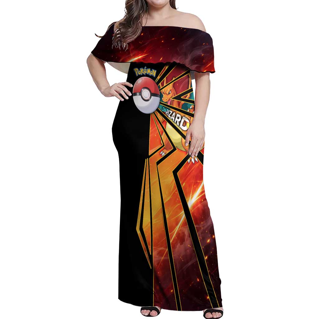 Charizard Poké Off Shoulder Maxi Dress Retro Comic Style Explosion