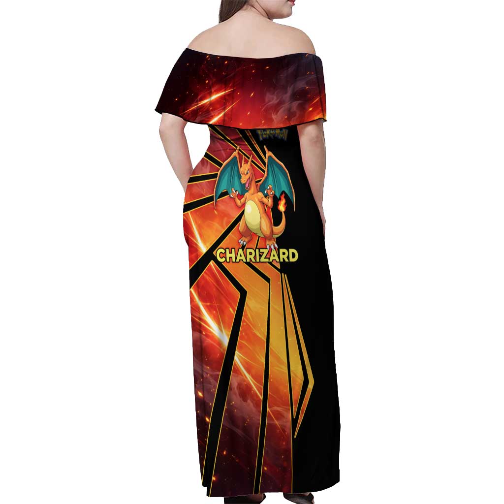 Charizard Poké Off Shoulder Maxi Dress Retro Comic Style Explosion