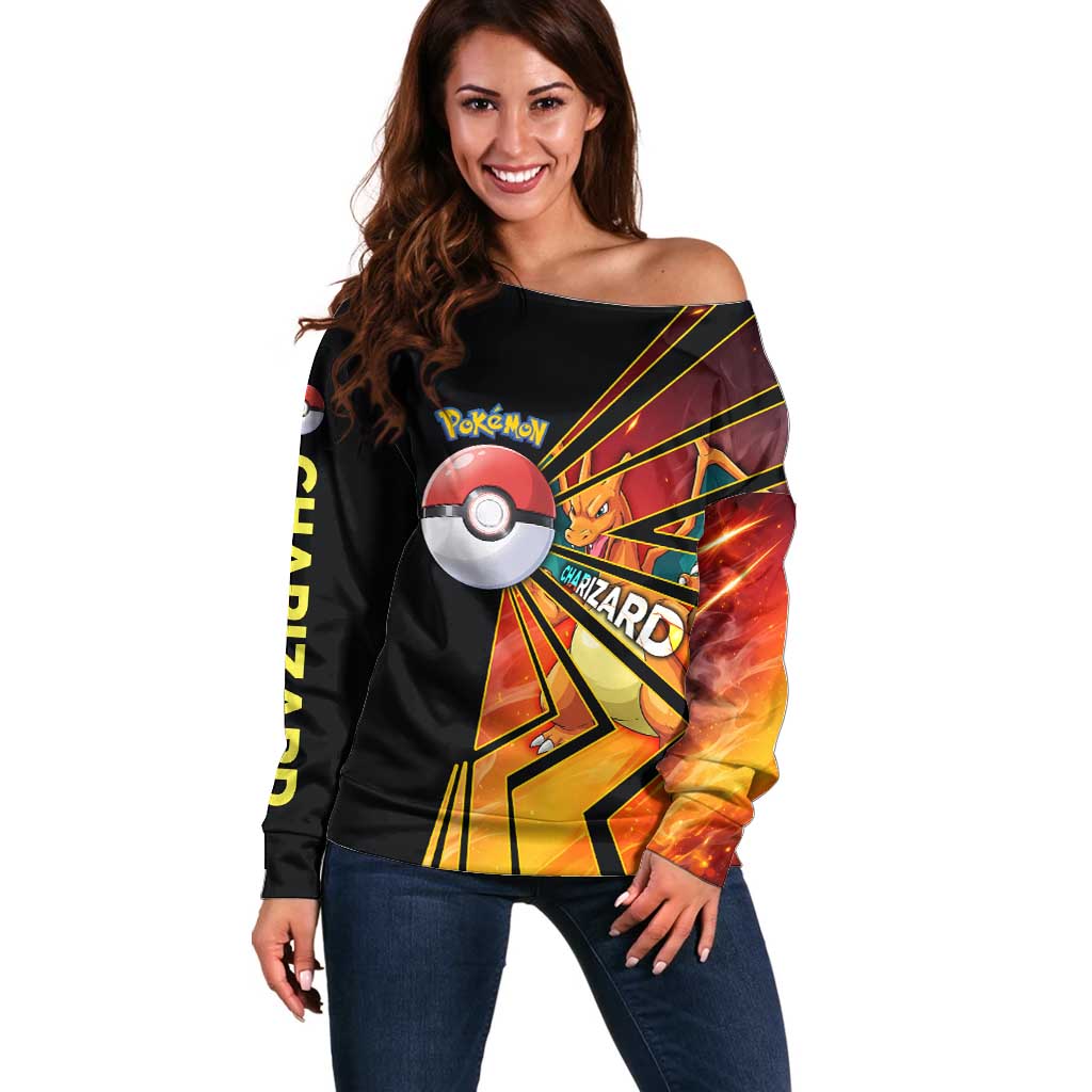 Charizard Poké Off Shoulder Sweater Retro Comic Style Explosion