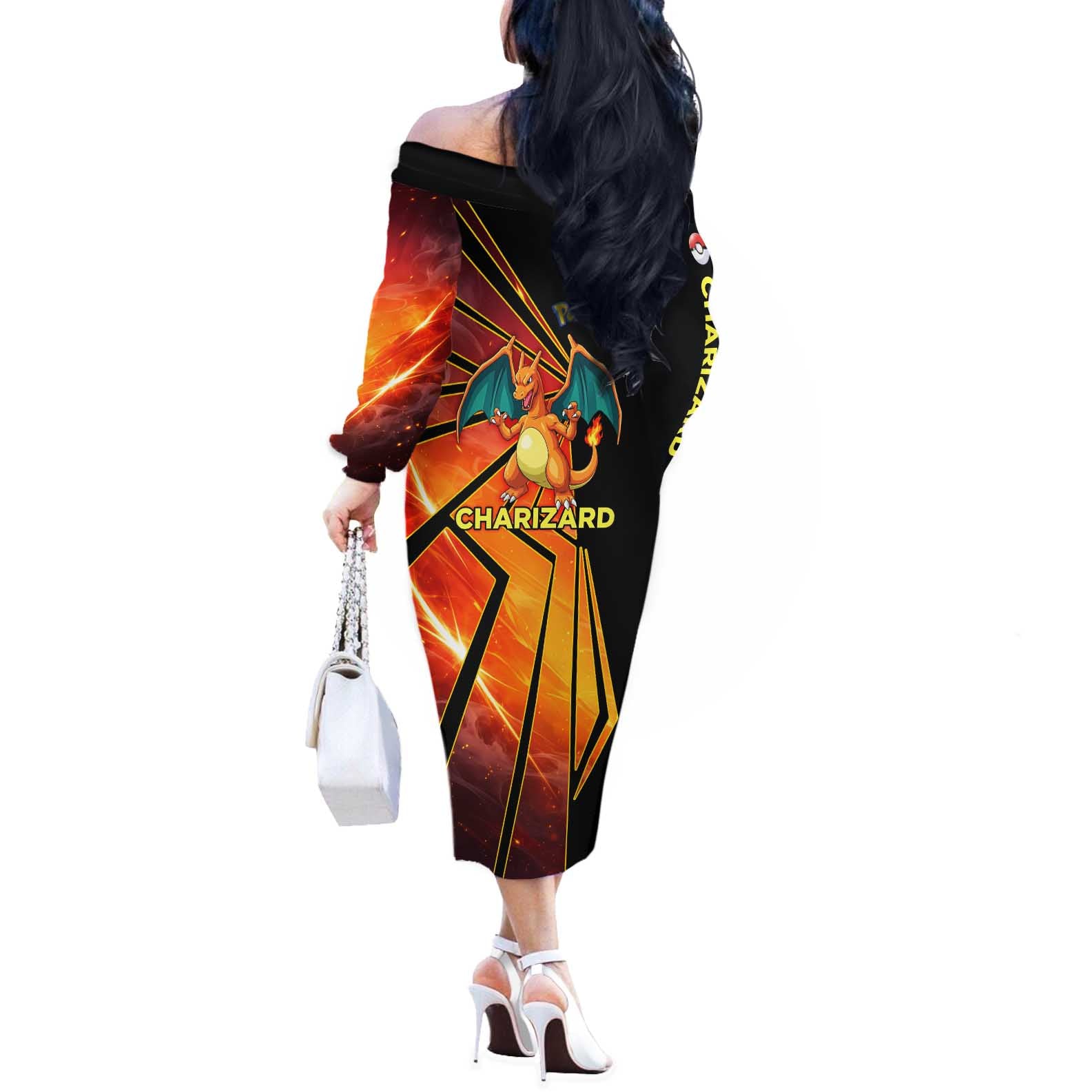 Charizard Poké Off The Shoulder Long Sleeve Dress Retro Comic Style Explosion