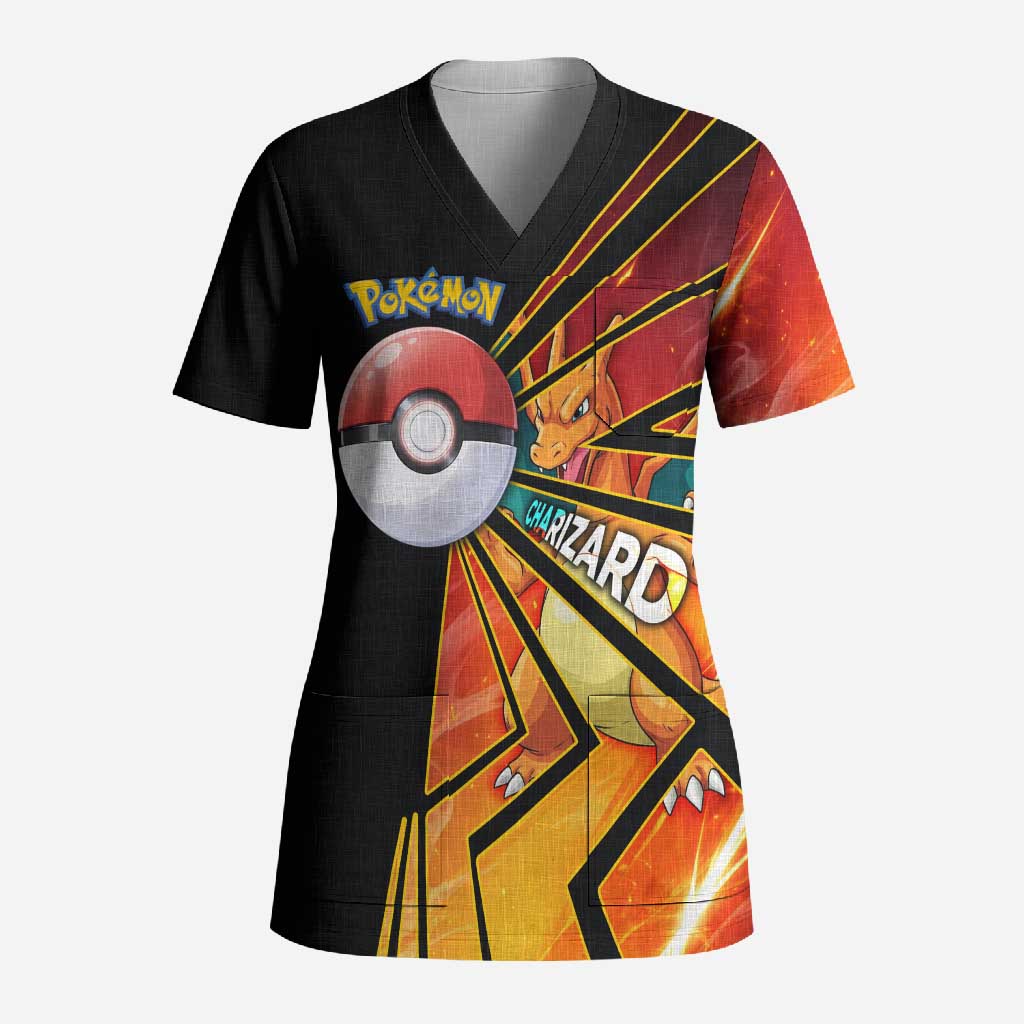Charizard Poké Scrub Top Retro Comic Style Explosion