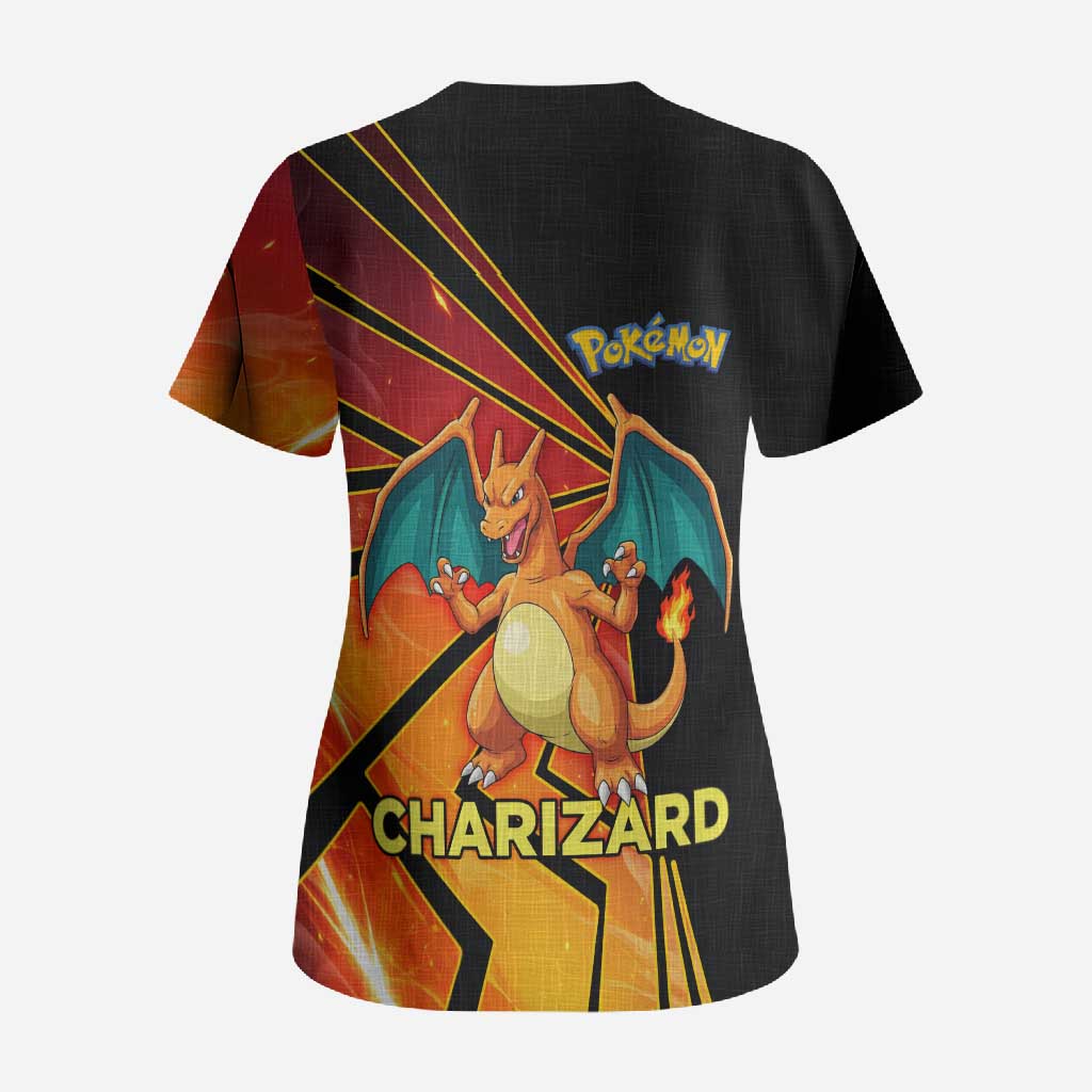 Charizard Poké Scrub Top Retro Comic Style Explosion