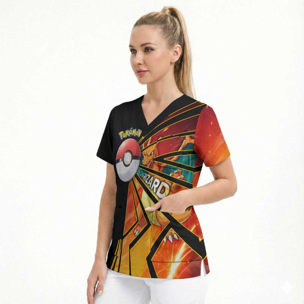 Charizard Poké Scrub Top Retro Comic Style Explosion