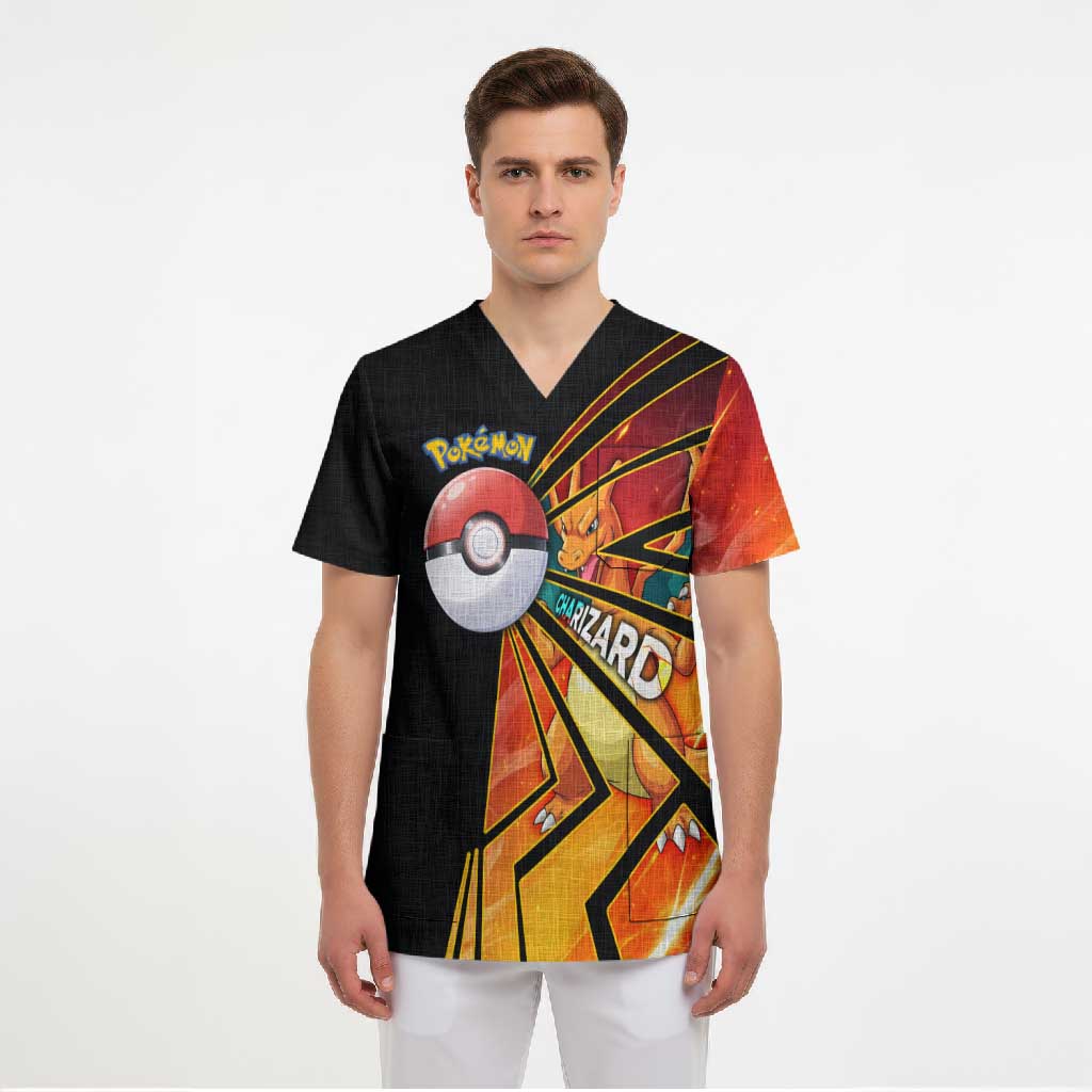 Charizard Poké Scrub Top Retro Comic Style Explosion