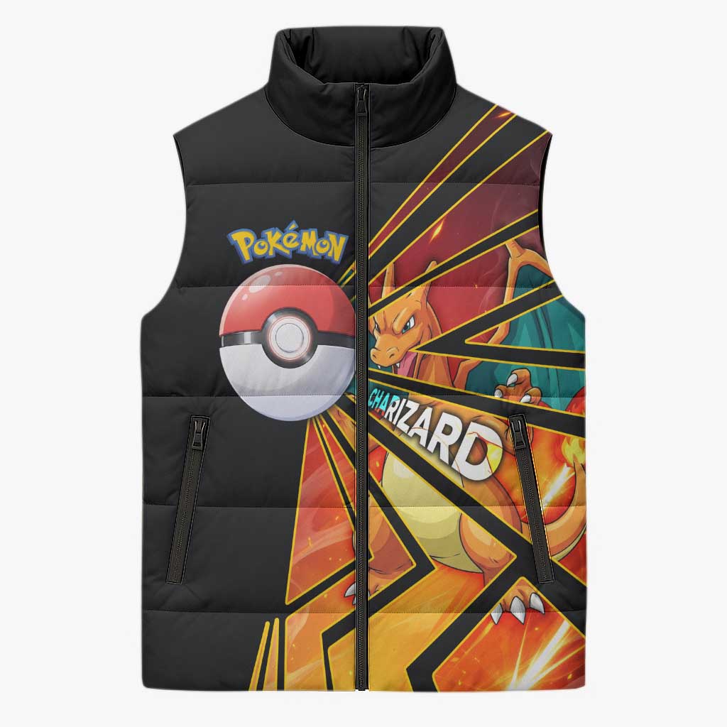 Charizard Poké Sleeveless Puffer Jacket Retro Comic Style Explosion
