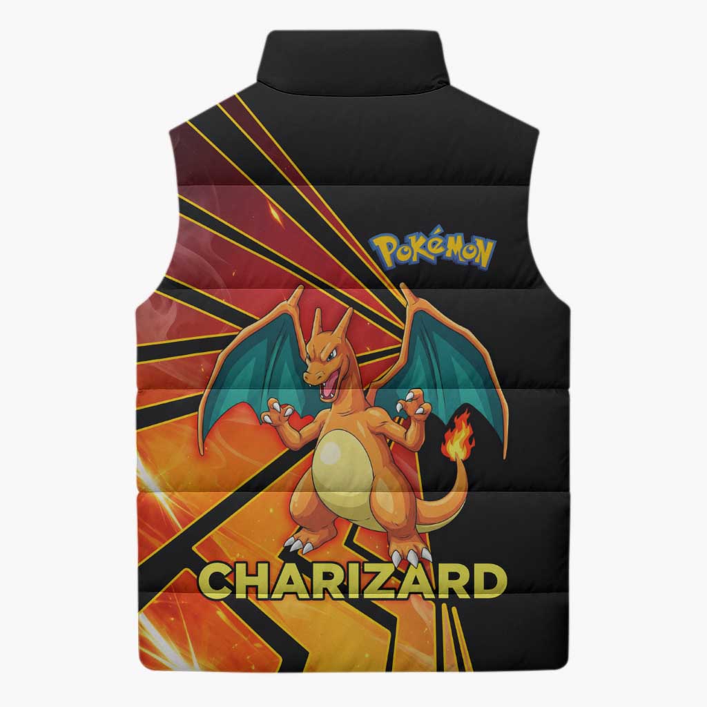 Charizard Poké Sleeveless Puffer Jacket Retro Comic Style Explosion