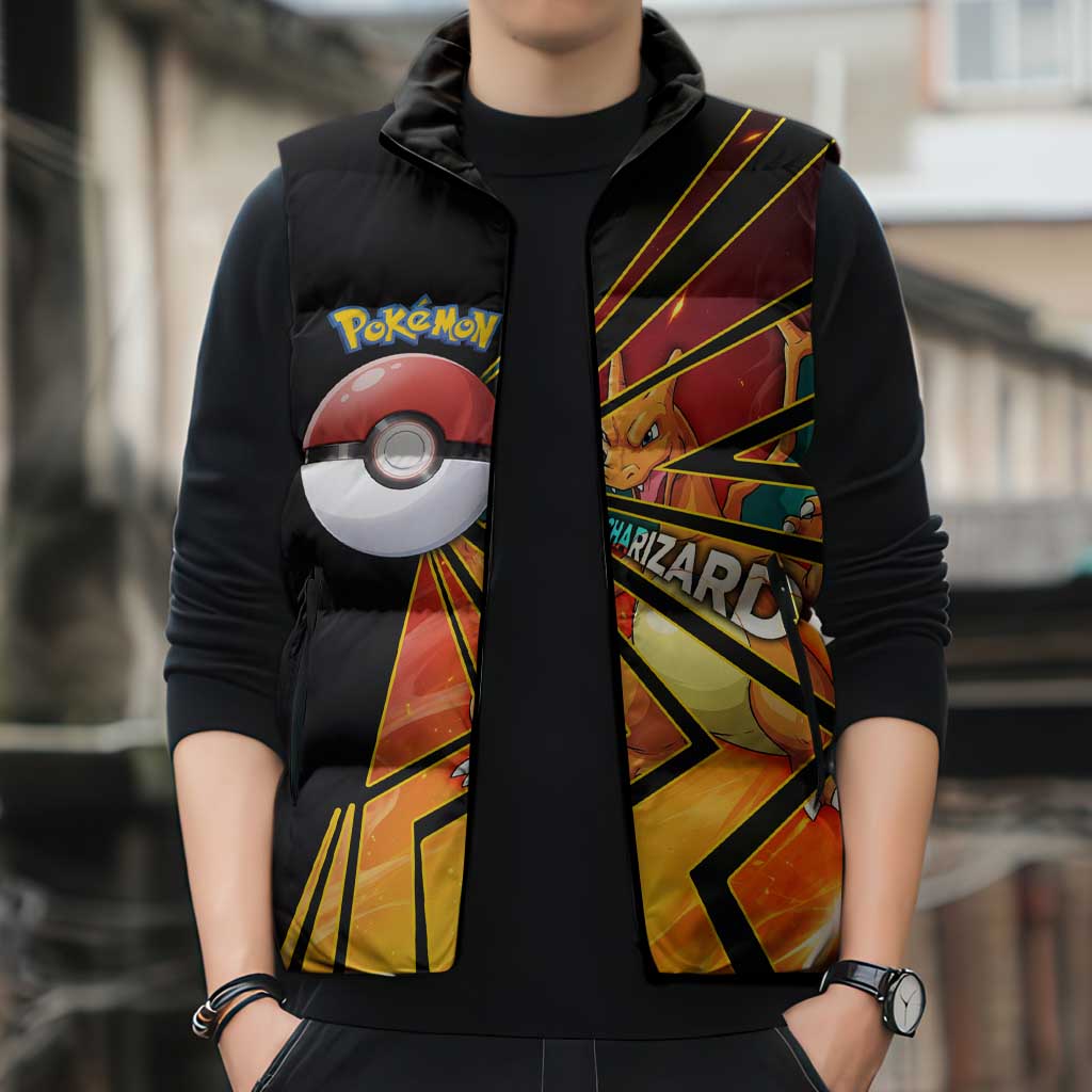 Charizard Poké Sleeveless Puffer Jacket Retro Comic Style Explosion