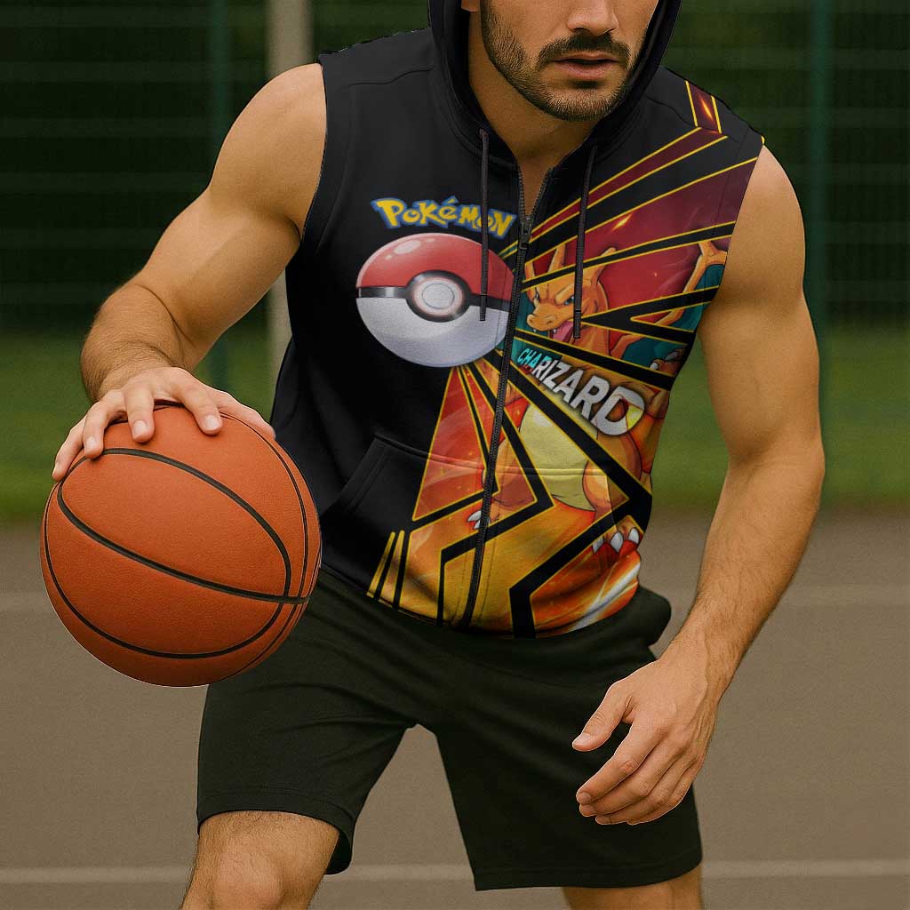 Charizard Poké Sleeveless Zip Hoodie Retro Comic Style Explosion