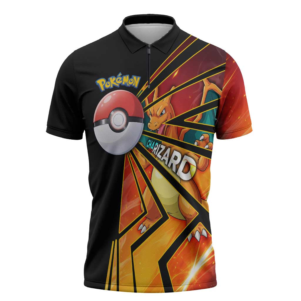 Charizard Poké Zipper Polo Shirt Retro Comic Style Explosion