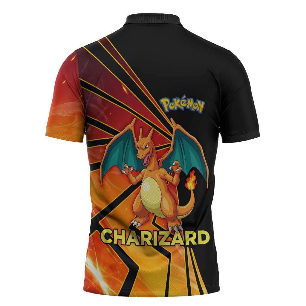 Charizard Poké Zipper Polo Shirt Retro Comic Style Explosion