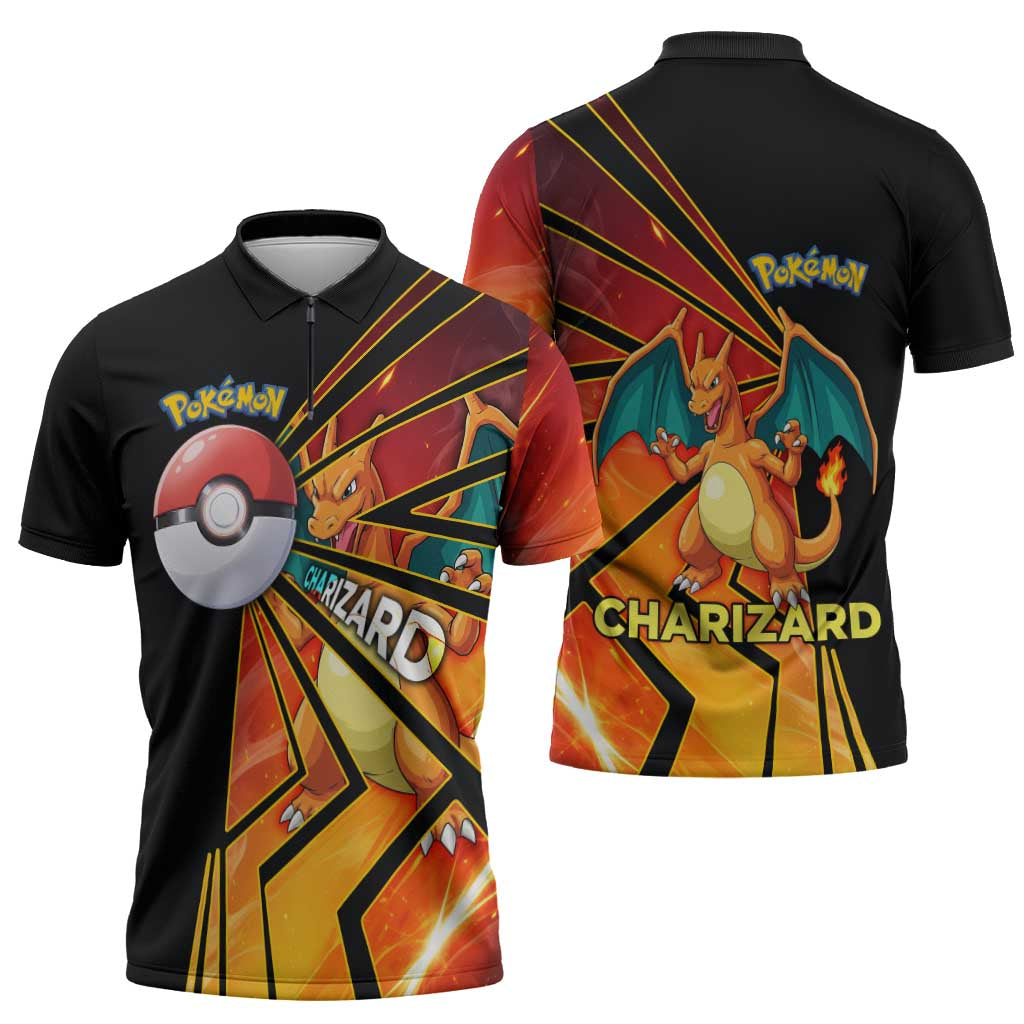 Charizard Poké Zipper Polo Shirt Retro Comic Style Explosion