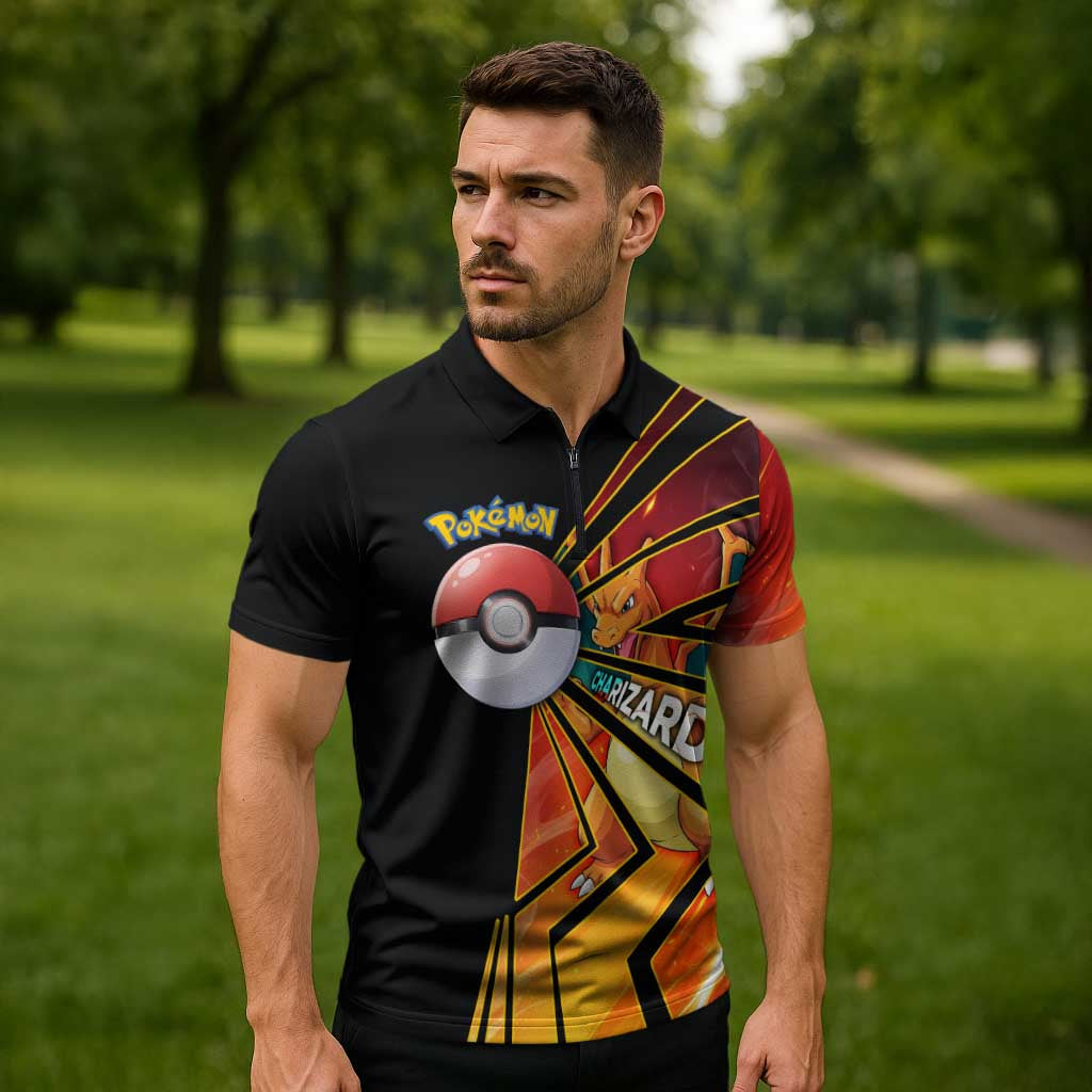 Charizard Poké Zipper Polo Shirt Retro Comic Style Explosion